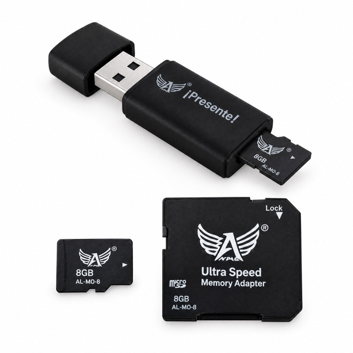 Cartão de memória micro SD com adaptador e leitor USB, 8 GB