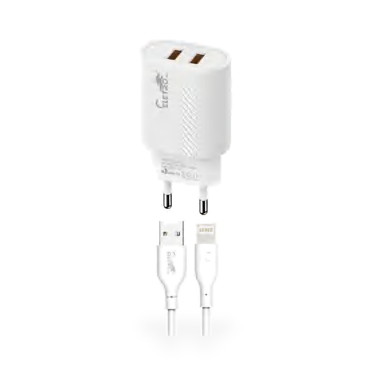 Carregador de tomada 2 USB 25W com cabo Lightning, 1 m, frente texturizada