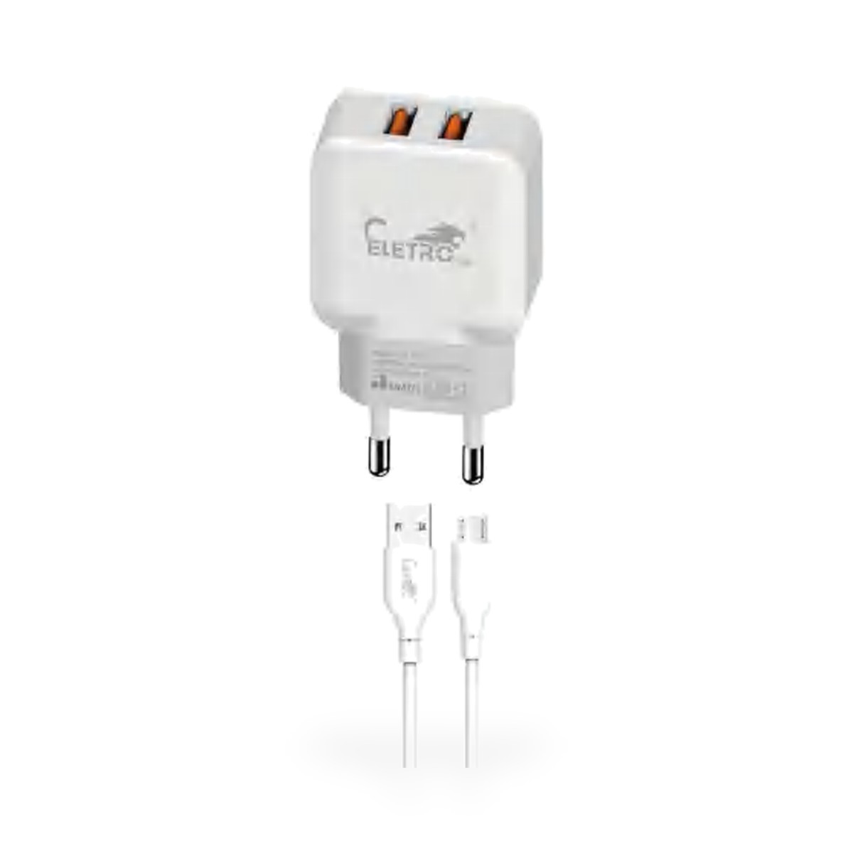 Carregador de tomada 2 USB 25W bivolt com cabo micro USB (V8), 1 m, liso