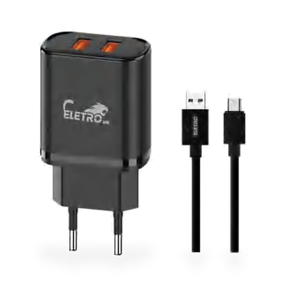 Carregador de tomada 2 USB 25W bivolt com cabo micro USB (V8), 1 m, preto