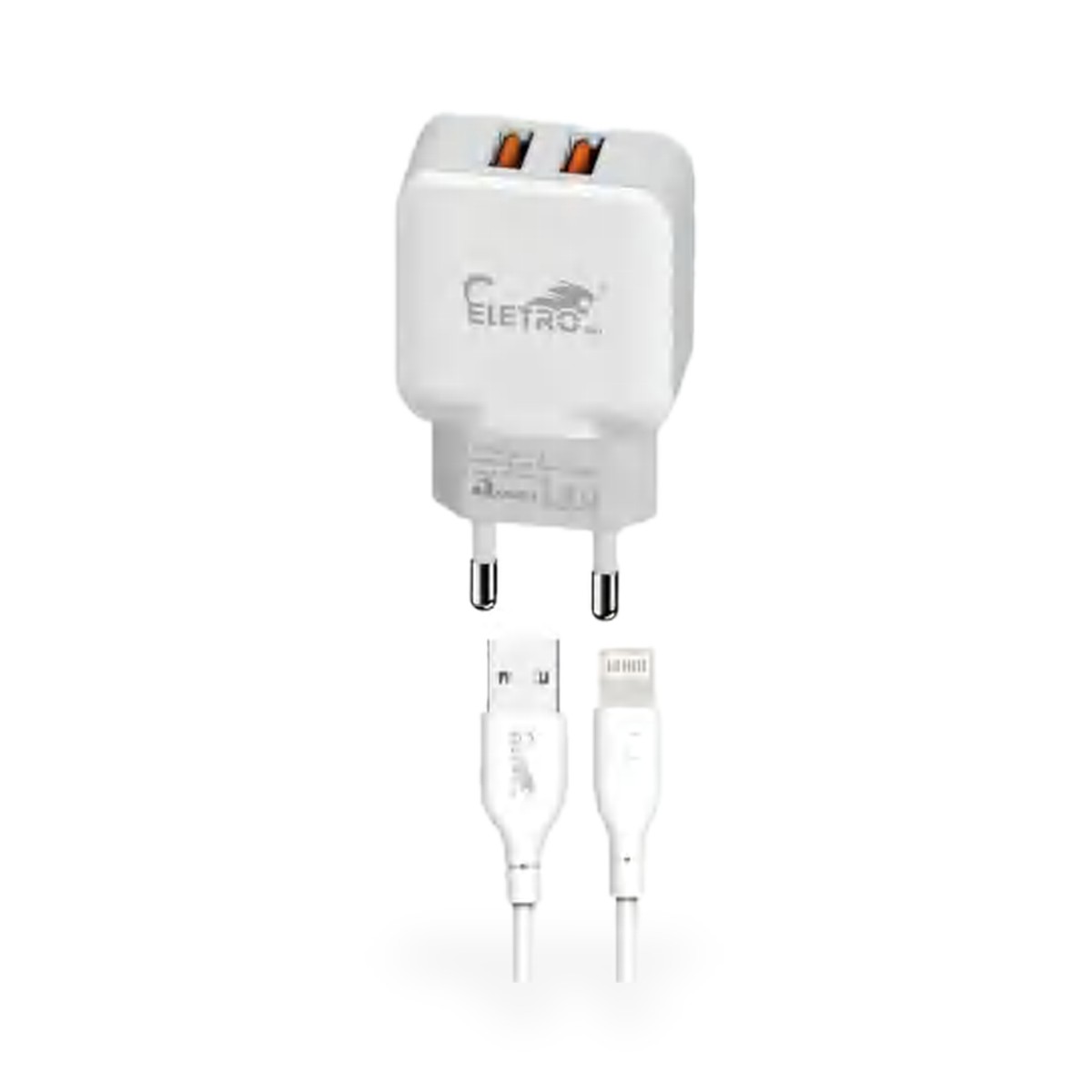 Carregador de tomada 2 USB 25W com cabo Lightning, 1 m, frente lisa