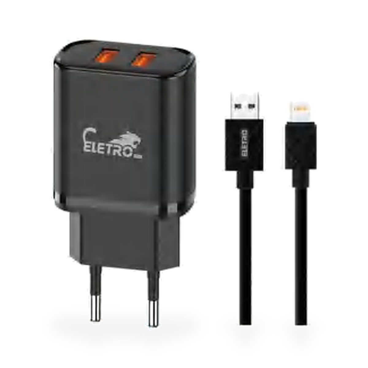 Carregador de tomada 2 USB 25W com cabo Lightning 5,1A, 1 m, preto