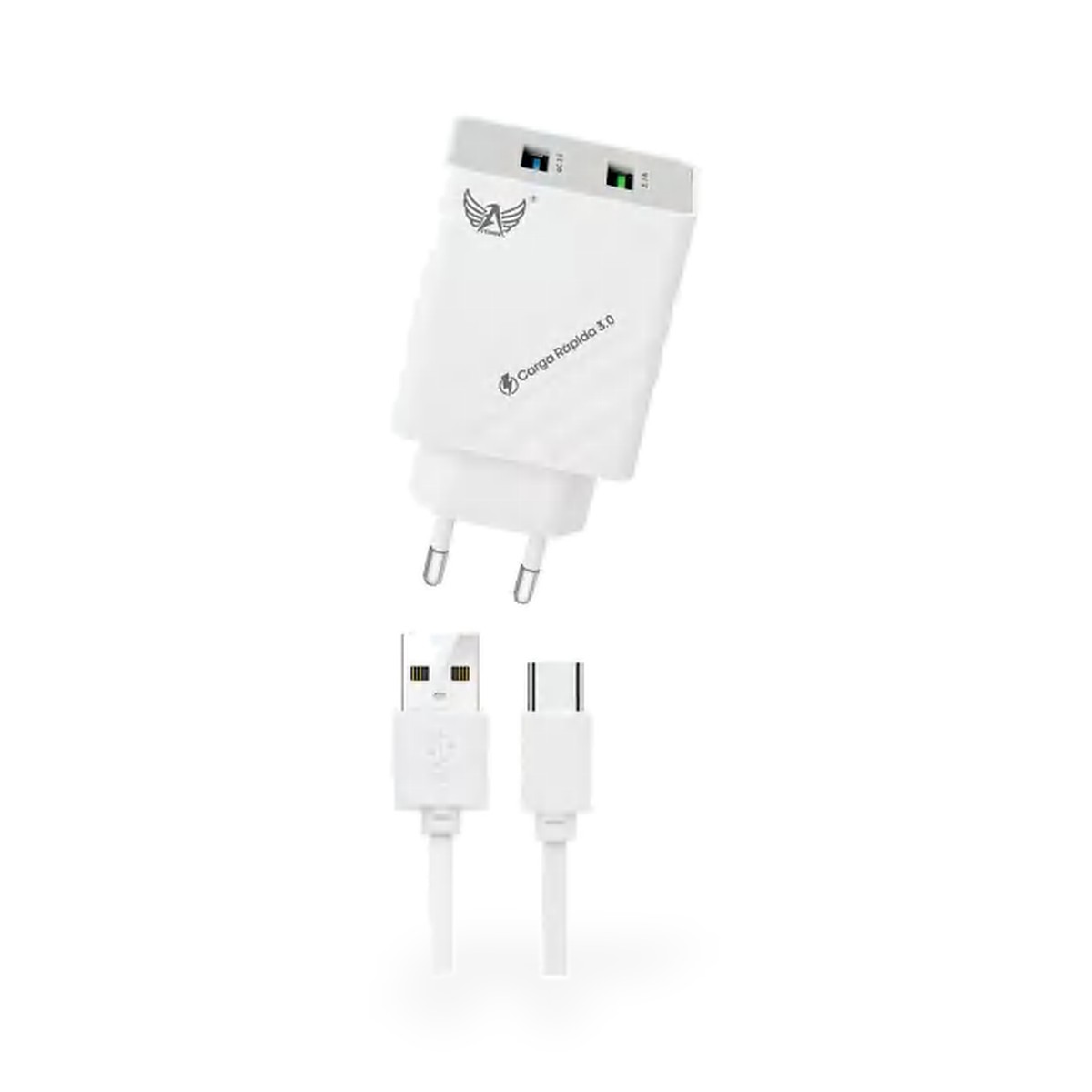 Carregador de tomada 2 USB 6A com cabo USB-C, 1 m, carga rápida 3.0