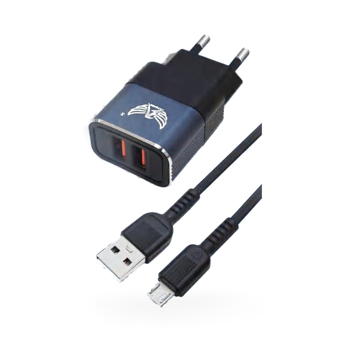 Carregador de tomada 2 USB com cabo micro USB (V8) 5,1A, 1 m, preto e azul