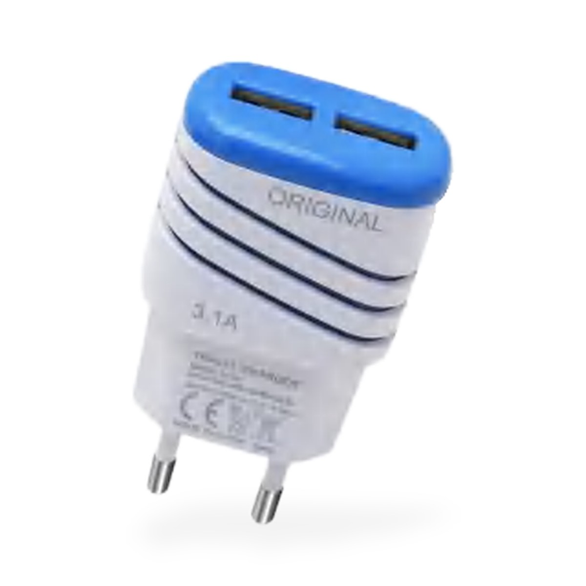Carregador de tomada 2 USB com cabo USB-C 3,1A, 1,2 m, topo colorido