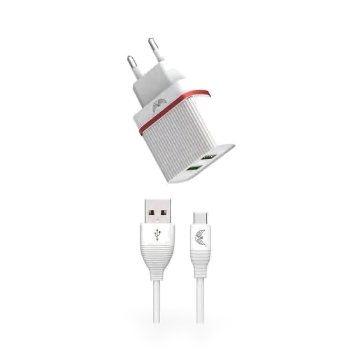 Carregador de tomada 2 USB com cabo USB-C 5,1A, 1 m, faixa vermelha
