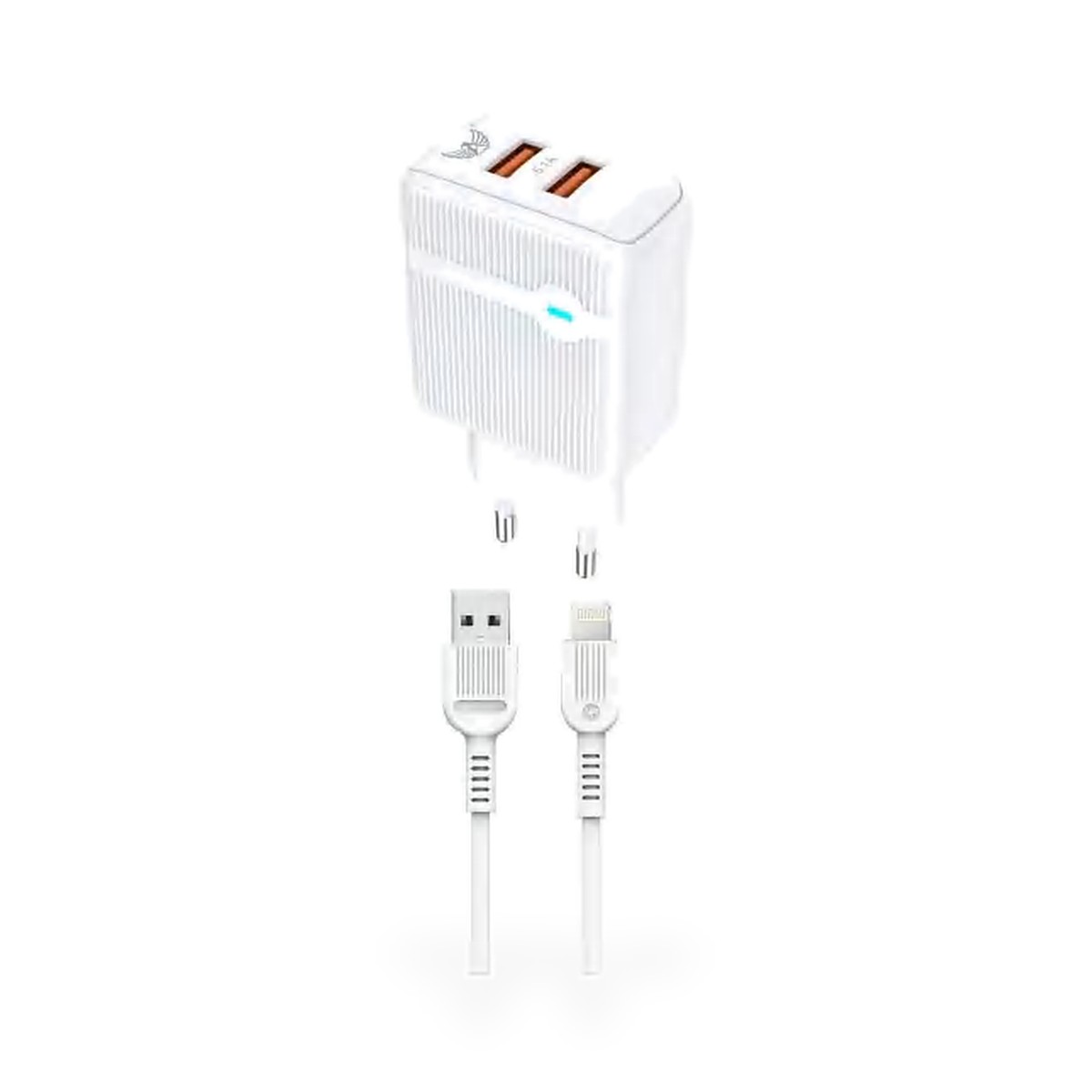 Carregador de tomada 2 USB com LED e cabo Lightning 5,1A, 1 m