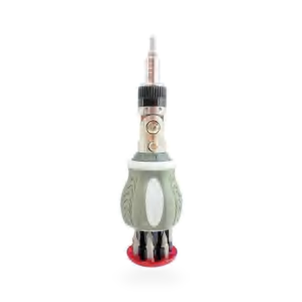 Chave de fenda multiuso com bits guardados na base, cinza