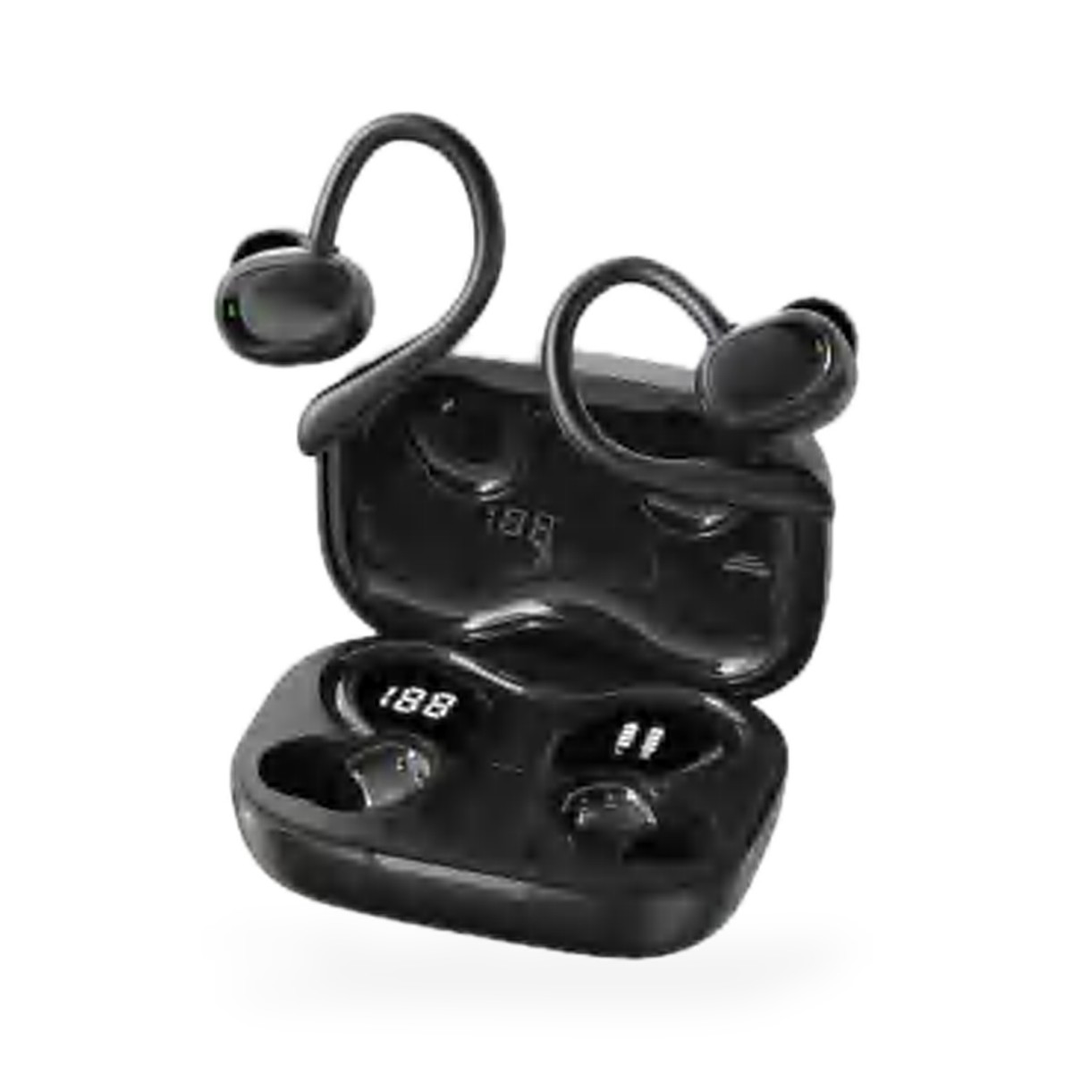 Fone Bluetooth 5.4 de gancho com estojo e visor digital, preto e bege-claro