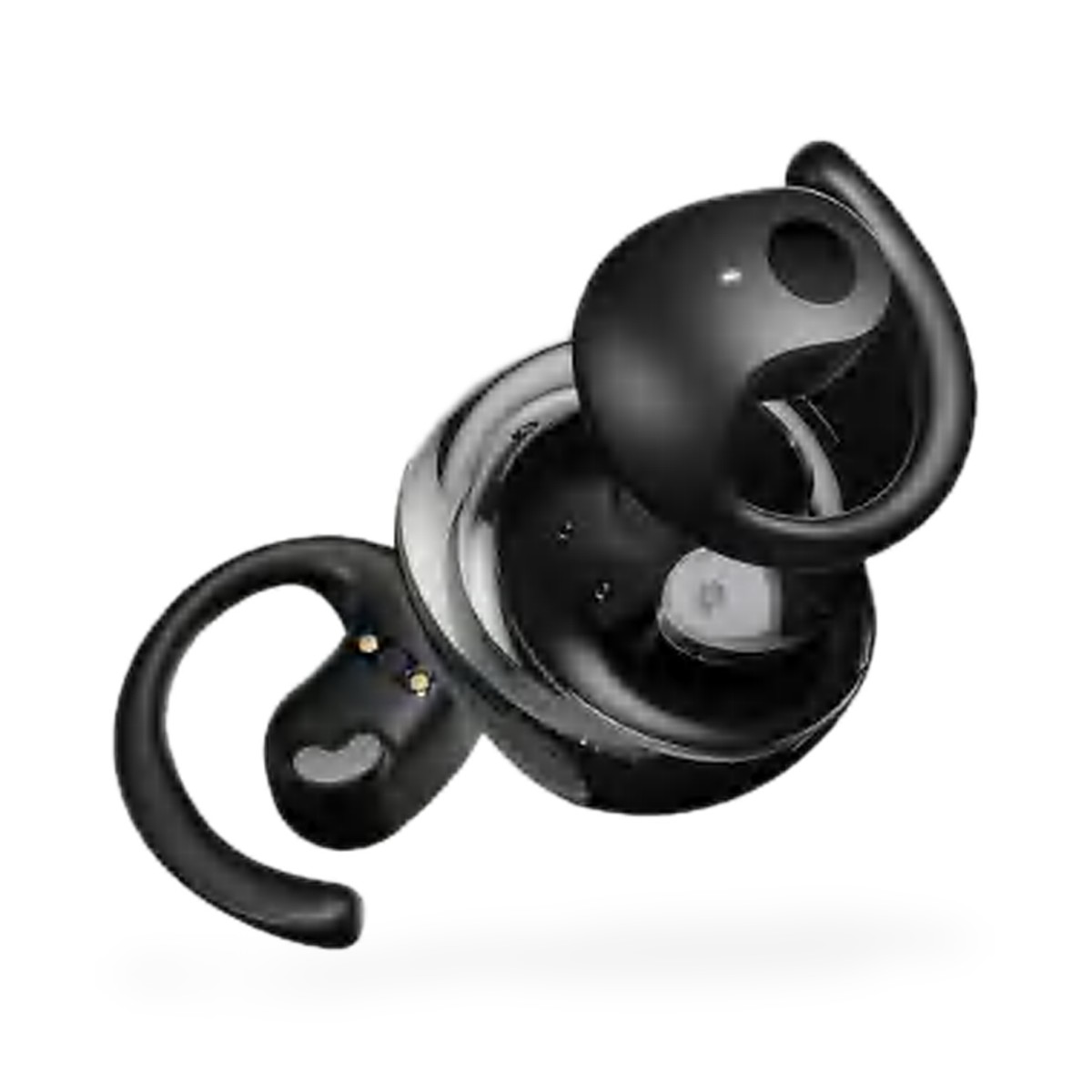 Fone Bluetooth de gancho aberto com estojo redondo, preto, bege e lilás