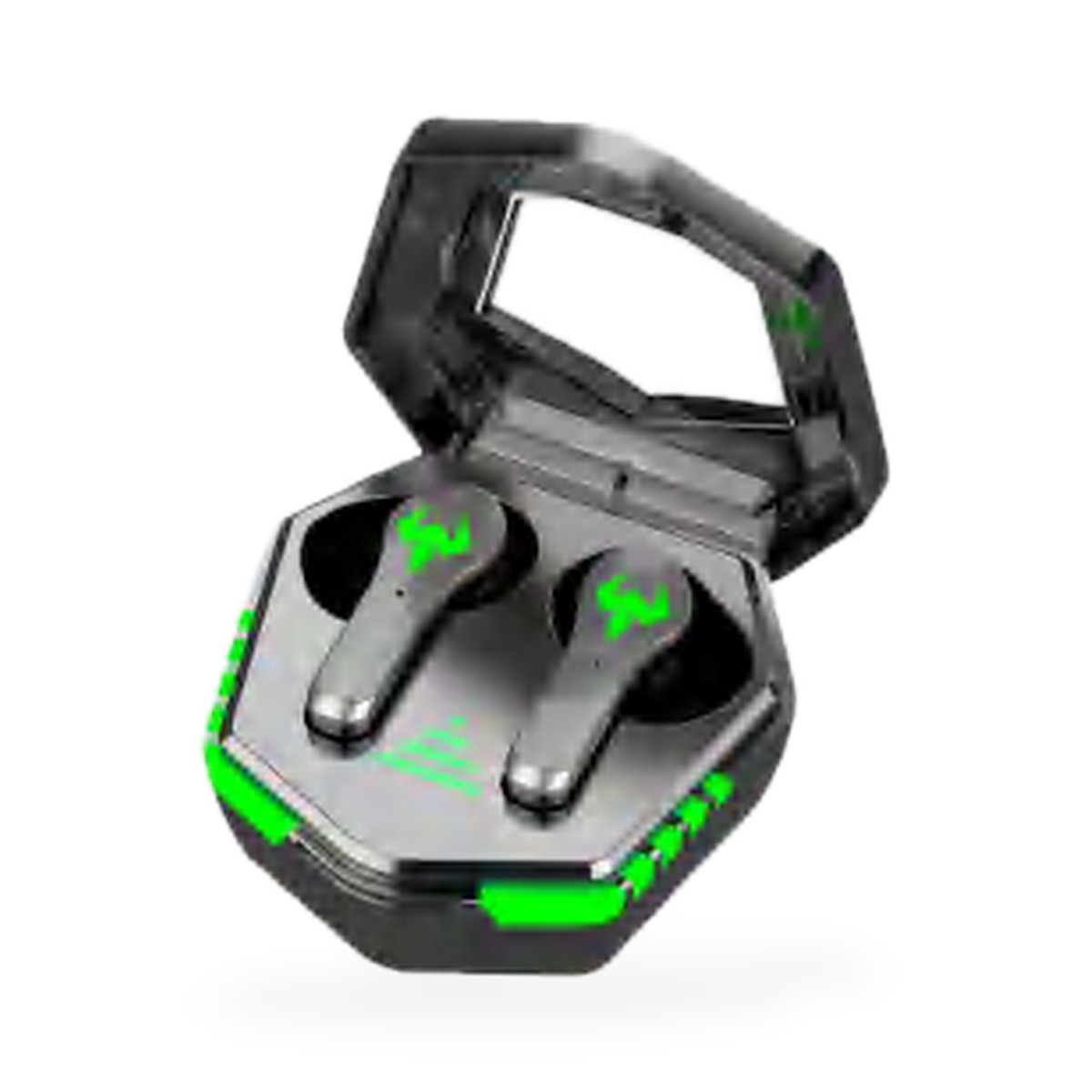 Fone Bluetooth gamer sem fio com estojo hexagonal, detalhes em verde