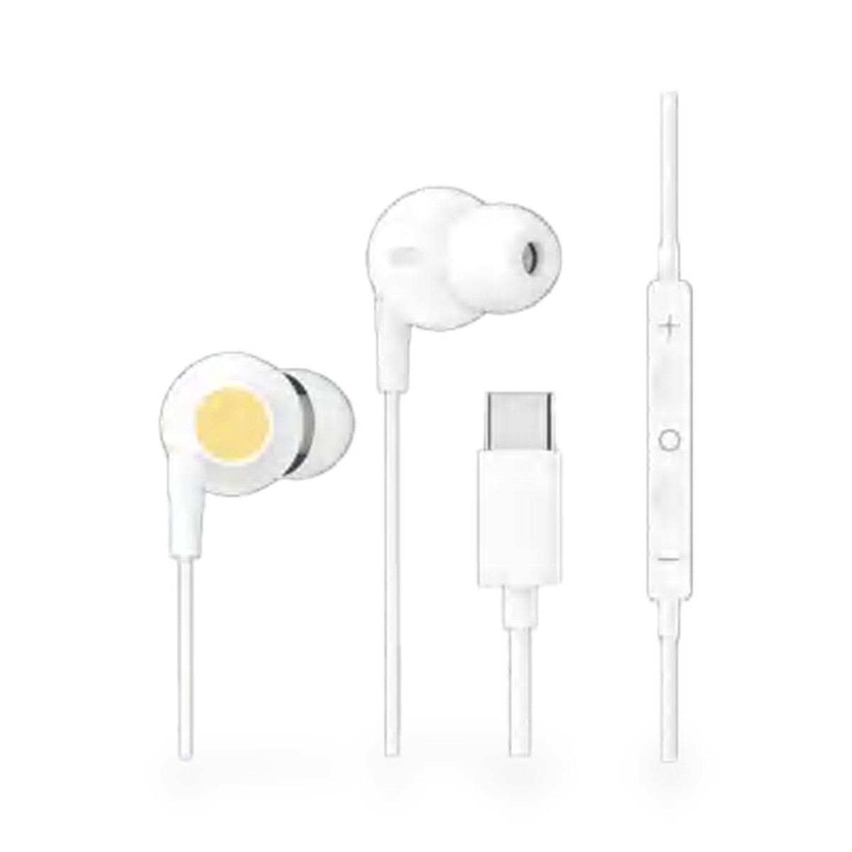 Fone de ouvido USB-C com controle de volume, detalhe circular na concha