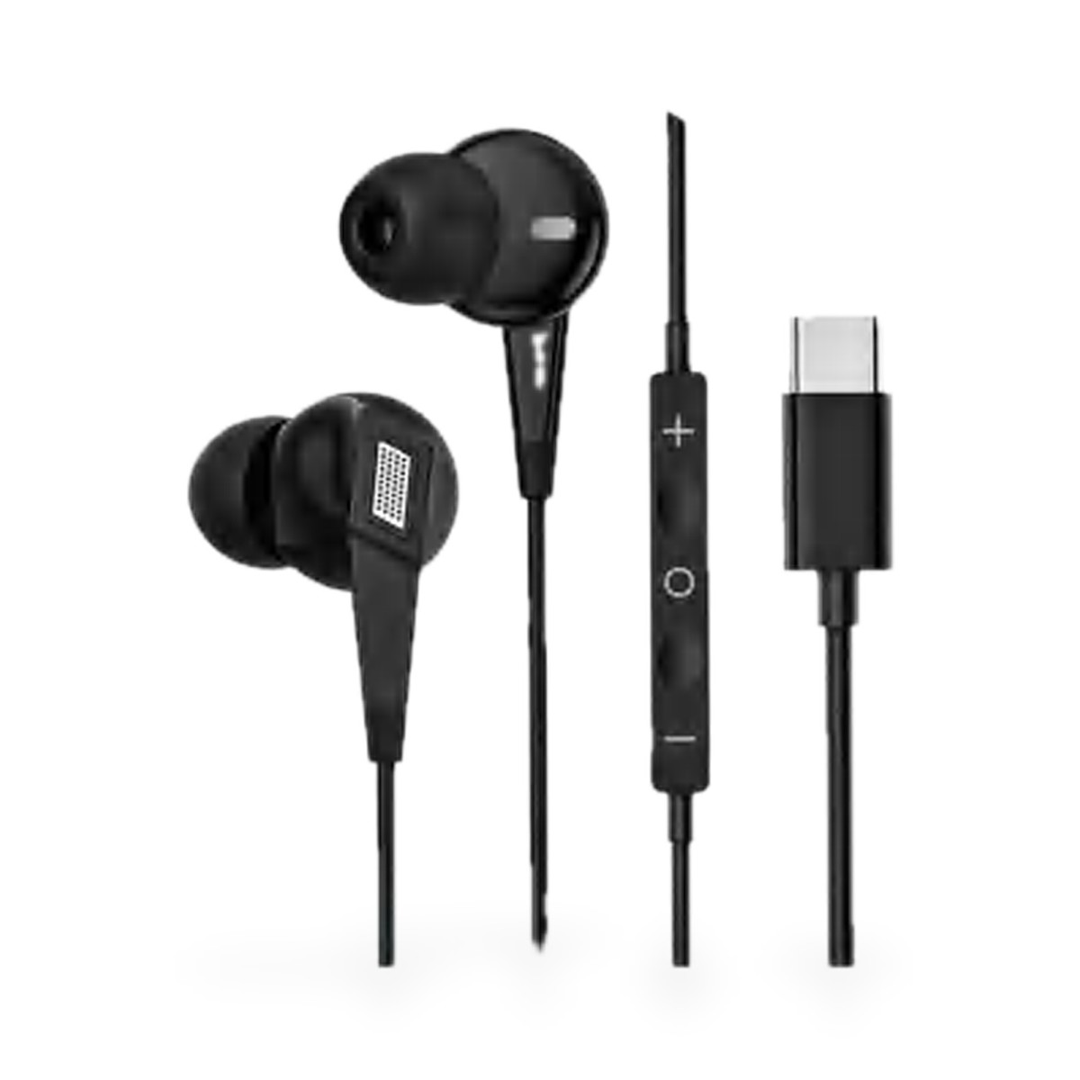 Fone de ouvido USB-C com controle de volume, detalhe em grade