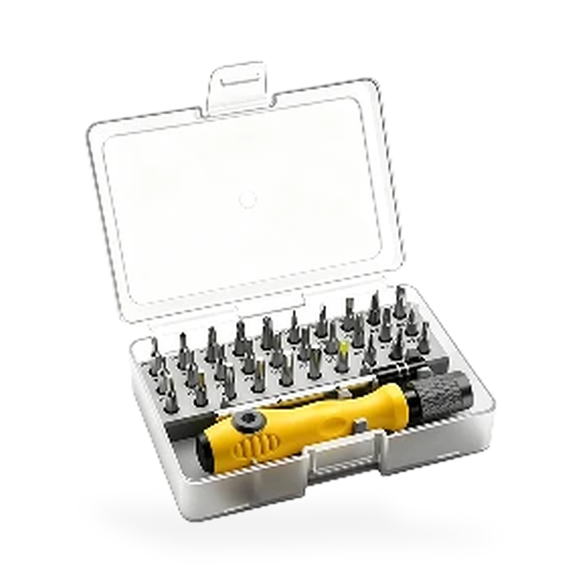 Jogo de chave de fenda 32 peças com haste magnética e estojo, cabo amarelo