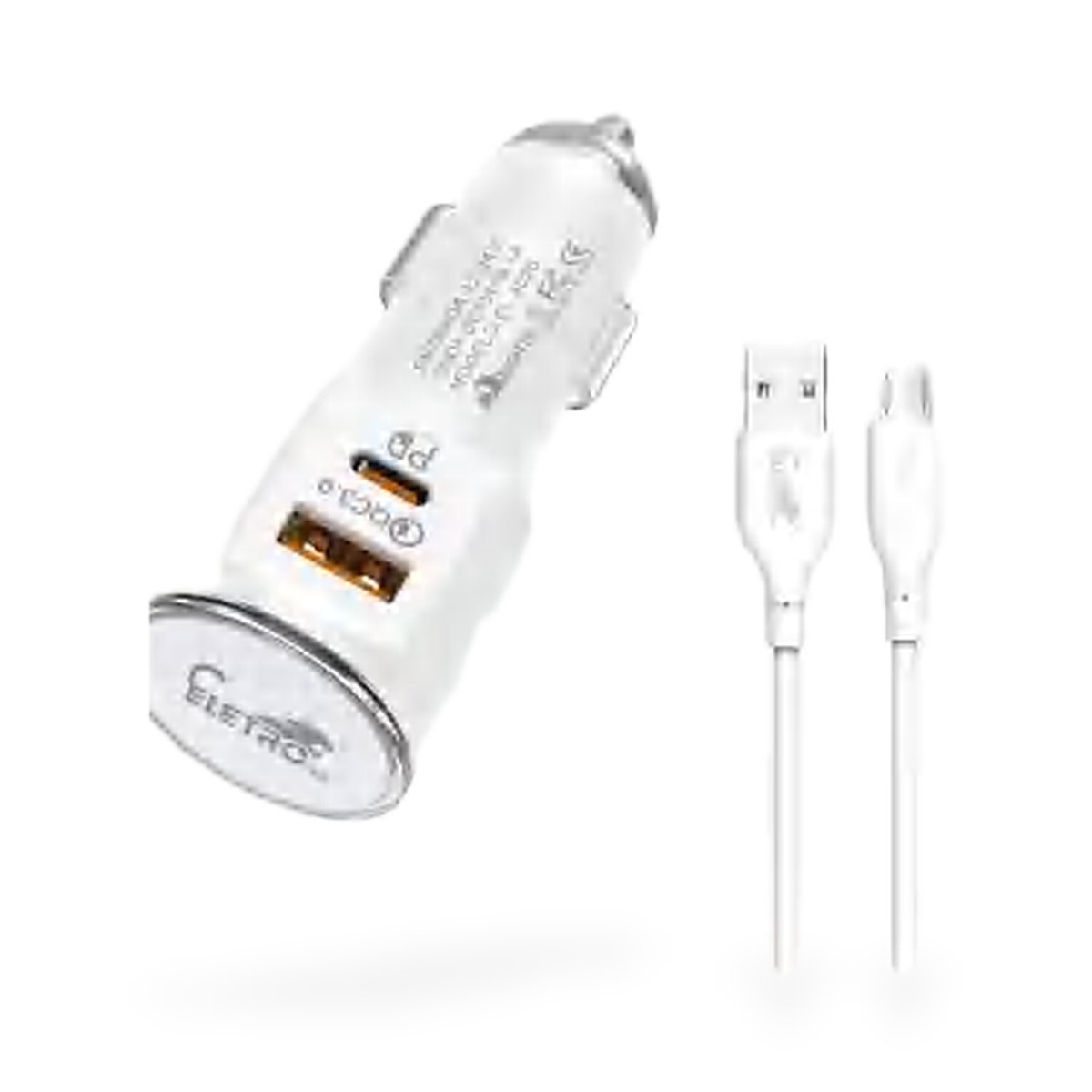 Kit carregador veicular 50W 10A com cabo micro USB (V8), 1 m, branco e prata