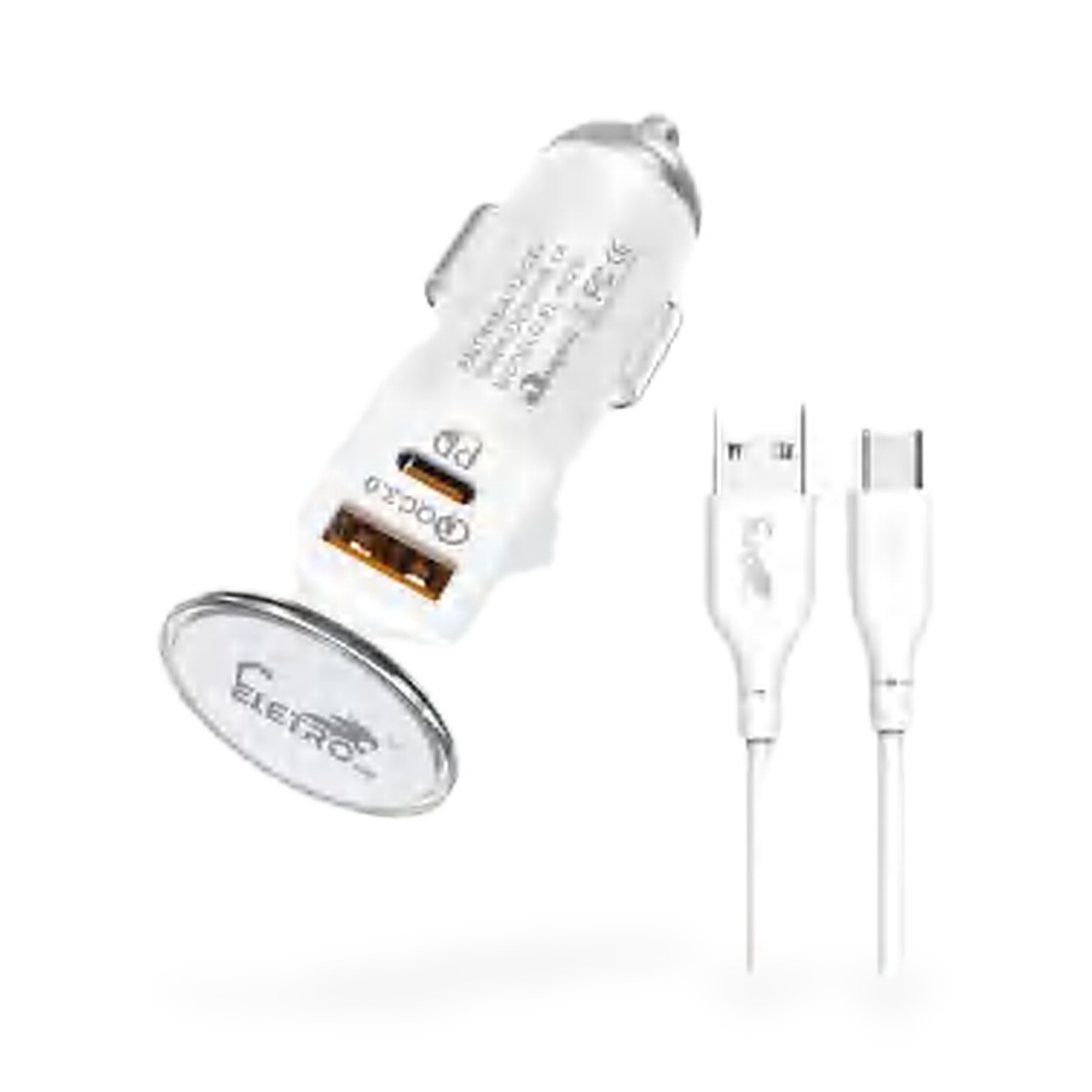 Kit carregador veicular 50W 10A com cabo USB-C, 1 m, branco e prata