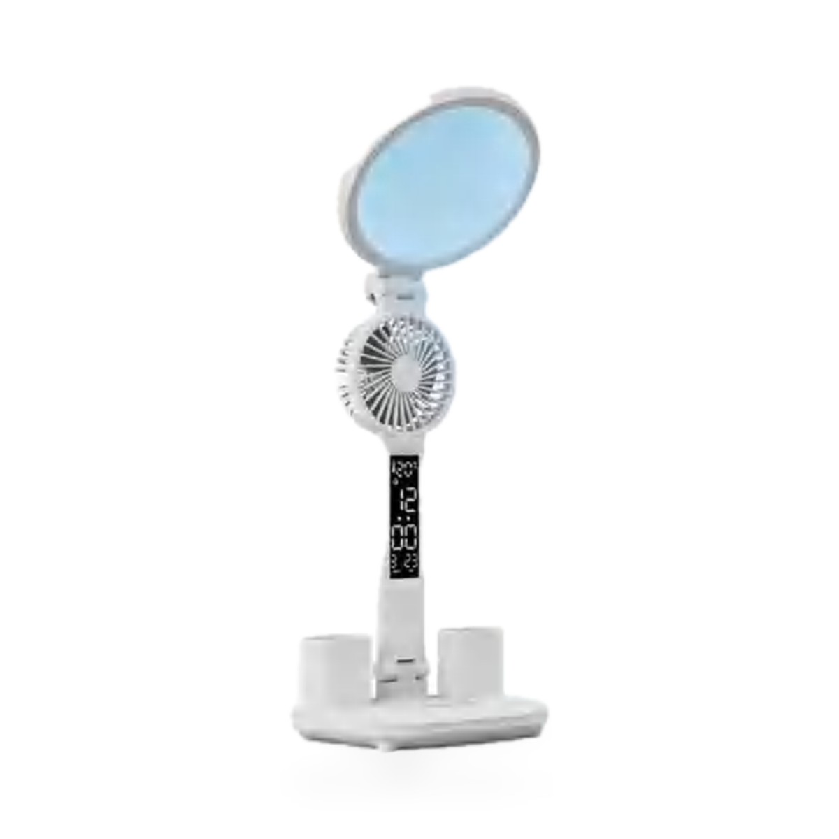 Luminária de mesa 70W com ventilador, relógio e porta-canetas, cabeça redonda