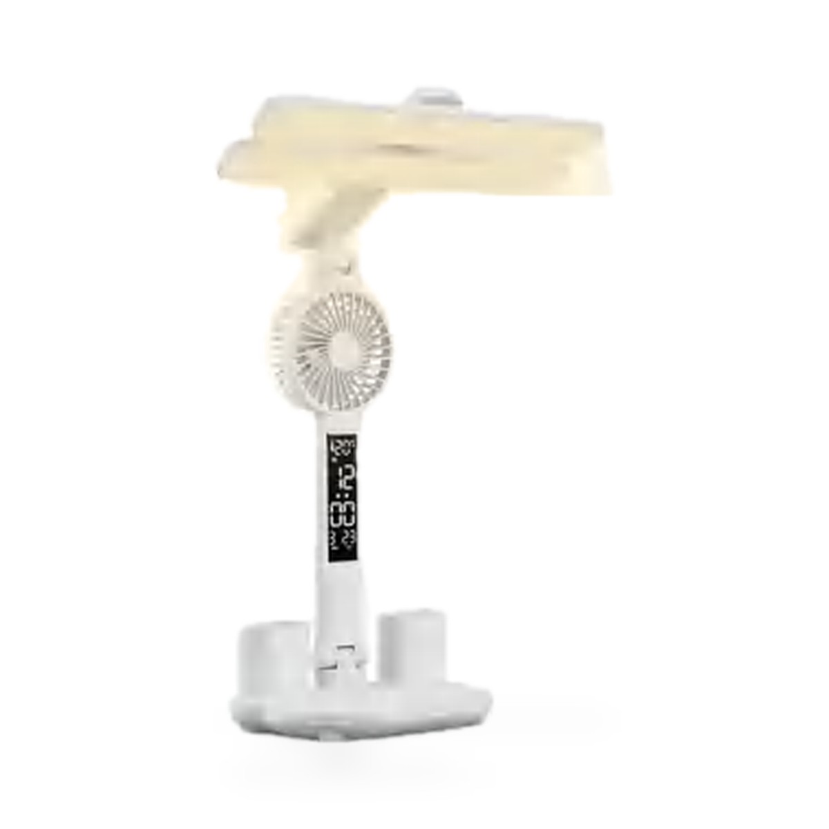 Luminária de mesa 70W com ventilador, relógio e porta-canetas, cabeça retangular