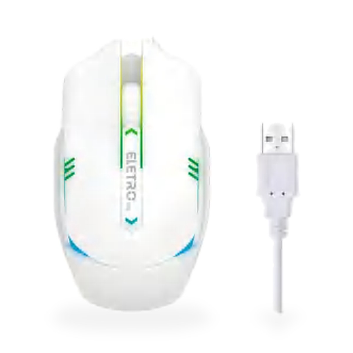 Mouse com fio USB luminoso, 3 botões, cabo de 1,3 m, branco